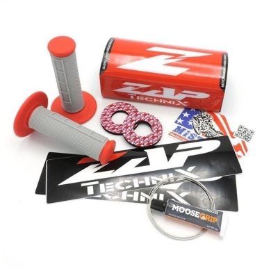 ZAP Lenkerpolster Set, FX 28,6 mm Lenker, Rot/Schwarz + 3 Sticker + MX-Griffe + Donuts + Sicherungsdraht + Kleber