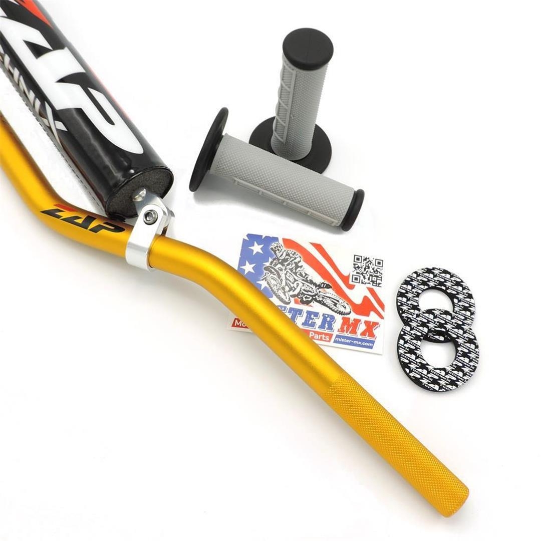 Mister-MX ZAP MX-Lenker Set 22mm Gold/Schwarz – aus 7075 T6 Ergal Aluminum Lenkerpolster, mit Griffen & Sticker 3